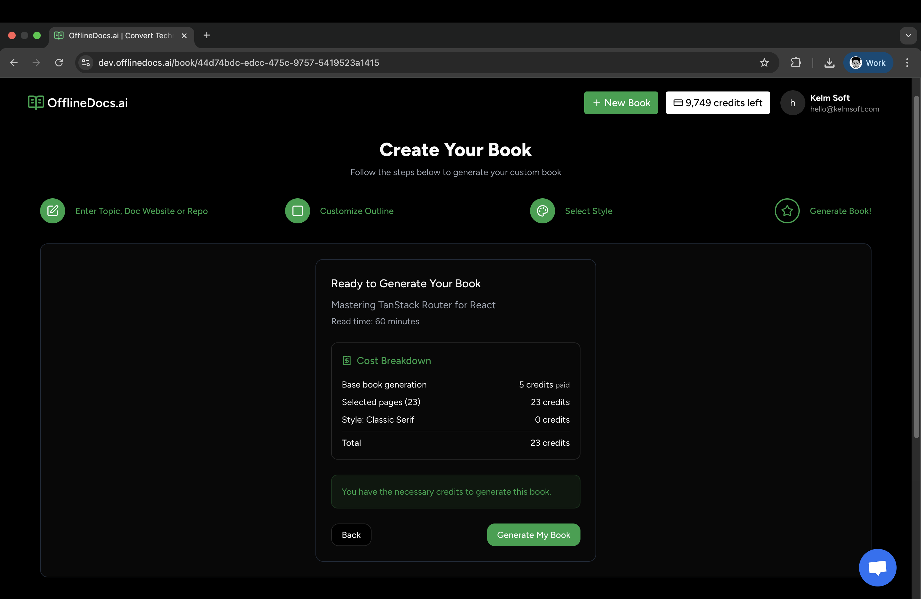 User interface for creating a custom book on OfflineDocs, featuring options to enter topics, customize outlines, and view cost breakdown for generating 'Mastering TanStack Router for React'.