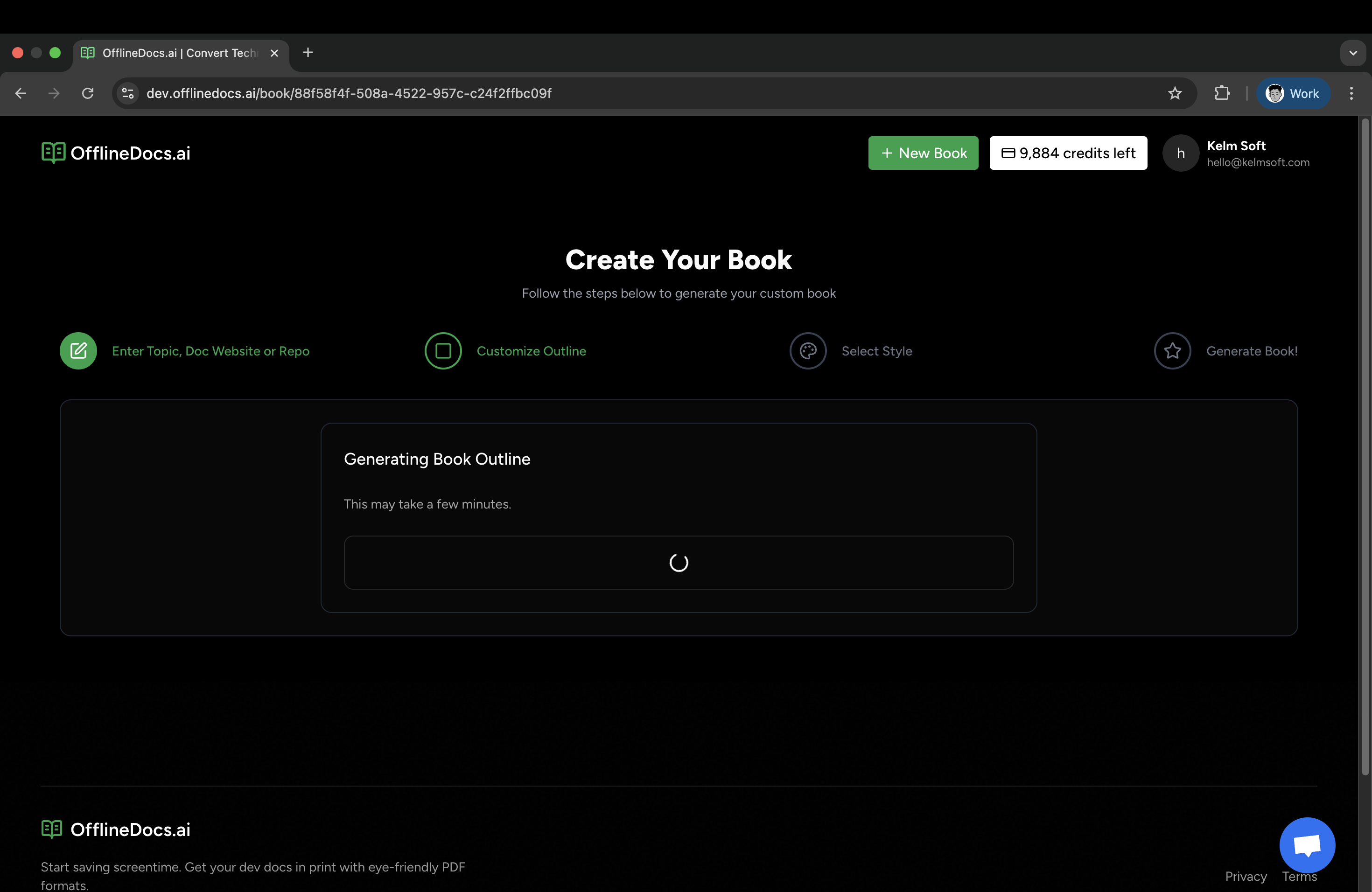 Screenshot of OfflineDocs interface displaying the book creation process with steps to enter topic, customize outline, and select style.