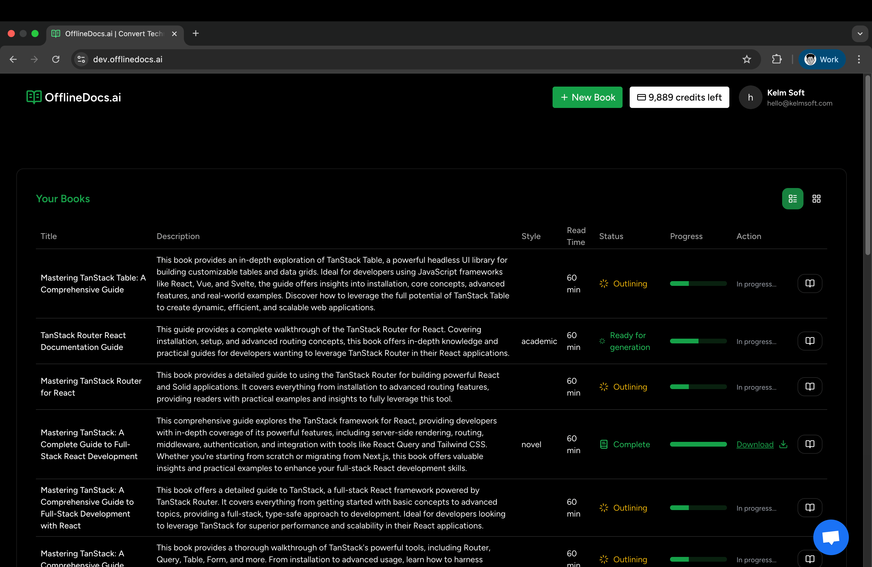 Screenshot of OfflineDocs user interface displaying a list of books related to TanStack, including titles, descriptions, read times, and status for each book project.