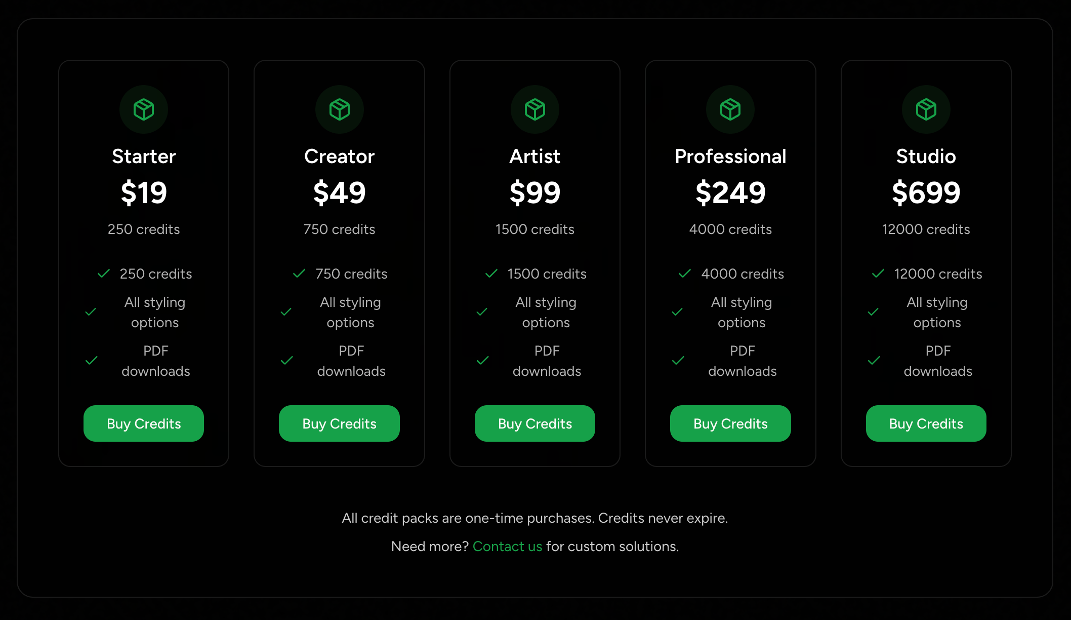 Pricing plans for creative credits including Starter, Creator, Artist, Professional, and Studio options, with details on credits and features.