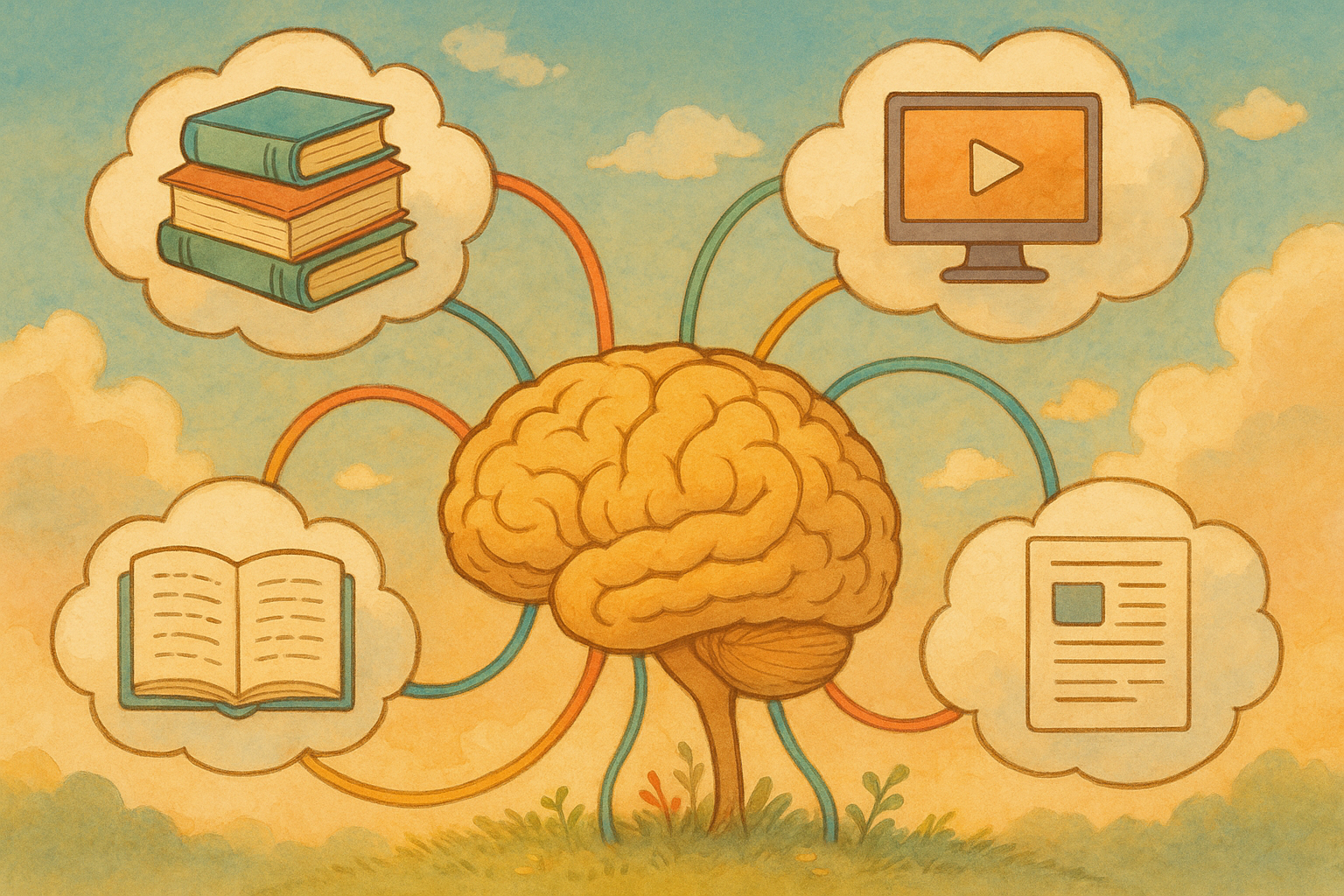 Illustration of a brain connected to various knowledge sources including books, videos, articles, and texts, set against a soft blue and yellow sky.