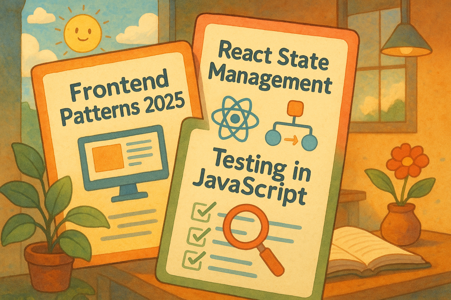Illustrated scene featuring educational materials: "Frontend Patterns 2025," "React State Management," and "Testing in JavaScript," with a sunny window view, a pot plant, and an open book on a desk.