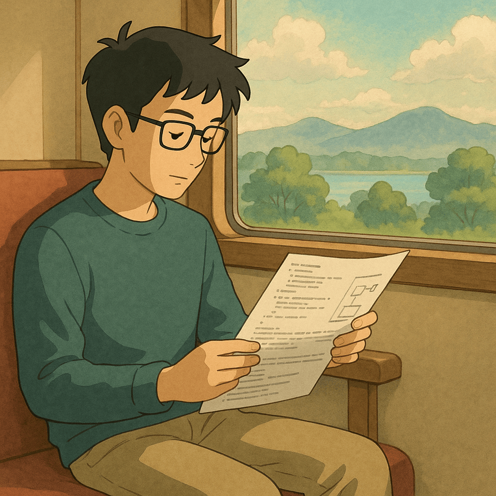 A young man reading a document while seated on a train, with a scenic landscape visible through the window.
